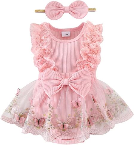 Baby Girl Clothes Infant Summer Outfits Cute Butterflies Mesh Ruffle Sleeveless Romper Headband Set 0-12 Months in Kuwait