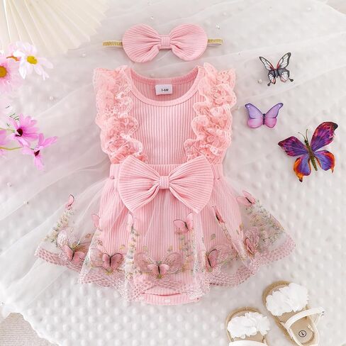 Baby Girl Clothes Infant Summer Outfits Cute Butterflies Mesh Ruffle Sleeveless Romper Headband Set 0-12 Months in Kuwait