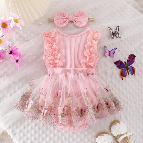 Baby Girl Clothes Infant Summer Outfits Cute Butterflies Mesh Ruffle Sleeveless Romper Headband Set 0-12 Months in Kuwait