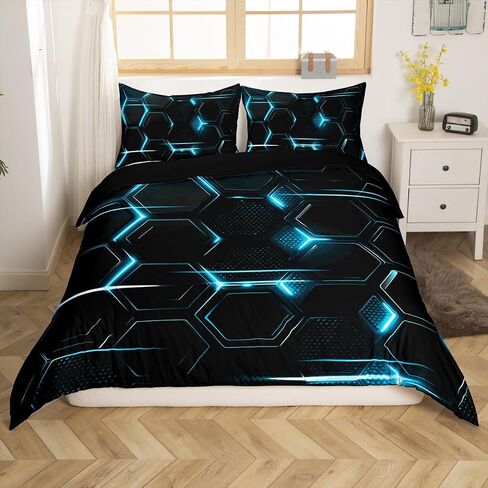 jejeloiu Boys Girls Ombre Black Blue Honeycomb Bedding Set Toddler Size, Hexagonal Duvet Cover Kids Geometry Comforter Cover Teens Bedroom Decor 2Pcs with 1 Pillow Case (No Comforter) in Saudi Arabia