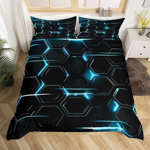 jejeloiu Boys Girls Ombre Black Blue Honeycomb Bedding Set Toddler Size, Hexagonal Duvet Cover Kids Geometry Comforter Cover Teens Bedroom Decor 2Pcs with 1 Pillow Case (No Comforter) in Saudi Arabia
