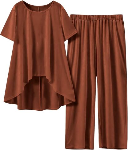 2 Piece Cotton Linen Sets for Women Summer Casual Short Sleeve Crewneck High-Low Hem Top Wide Leg Pants Vacation Outfits in Kuwait