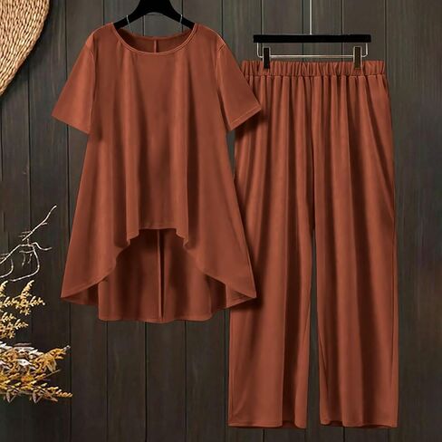 2 Piece Cotton Linen Sets for Women Summer Casual Short Sleeve Crewneck High-Low Hem Top Wide Leg Pants Vacation Outfits in Kuwait