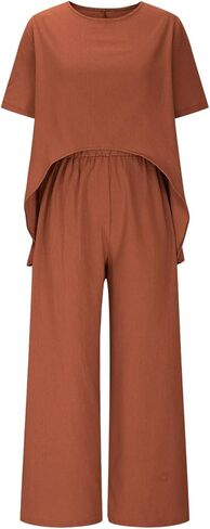 2 Piece Cotton Linen Sets for Women Summer Casual Short Sleeve Crewneck High-Low Hem Top Wide Leg Pants Vacation Outfits in Kuwait