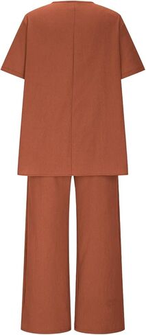 2 Piece Cotton Linen Sets for Women Summer Casual Short Sleeve Crewneck High-Low Hem Top Wide Leg Pants Vacation Outfits in Kuwait