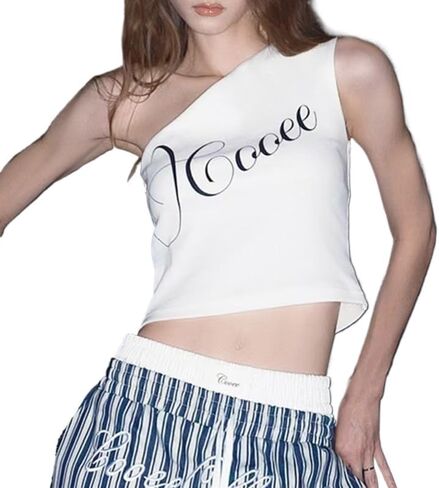Y2K Streetwear 2 Pieces Set One Shoulder Graphic Top and Blue Stripe Low Waist Wide Leg Pants Summer Outfit Women in Kuwait