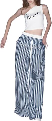 Y2K Streetwear 2 Pieces Set One Shoulder Graphic Top and Blue Stripe Low Waist Wide Leg Pants Summer Outfit Women in Kuwait