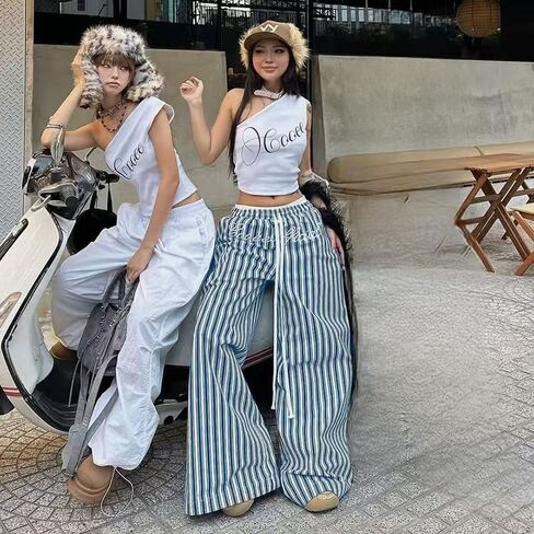 Y2K Streetwear 2 Pieces Set One Shoulder Graphic Top and Blue Stripe Low Waist Wide Leg Pants Summer Outfit Women in Kuwait