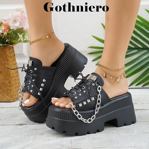 Gothniero women black platform sandals goth chunky wedge heel summer sandals girls gothic punk platform sandals for women metallic spider buckles slides size 5.5-11 in Kuwait
