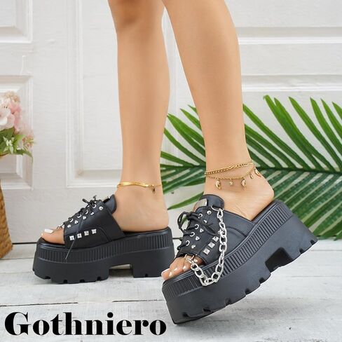 Gothniero women black platform sandals goth chunky wedge heel summer sandals girls gothic punk platform sandals for women metallic spider buckles slides size 5.5-11 in Kuwait