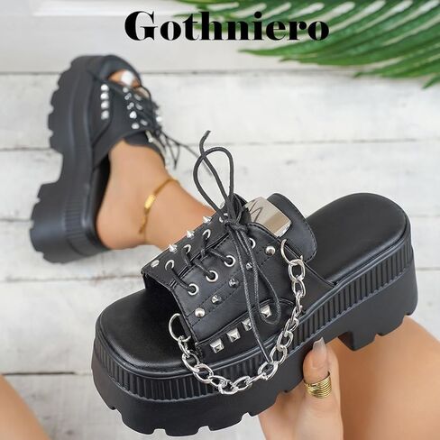 Gothniero women black platform sandals goth chunky wedge heel summer sandals girls gothic punk platform sandals for women metallic spider buckles slides size 5.5-11 in Kuwait