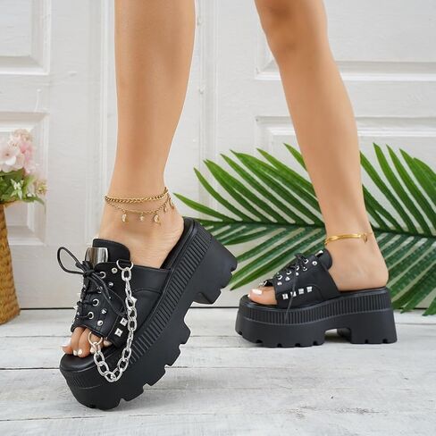 Gothniero women black platform sandals goth chunky wedge heel summer sandals girls gothic punk platform sandals for women metallic spider buckles slides size 5.5-11 in Kuwait