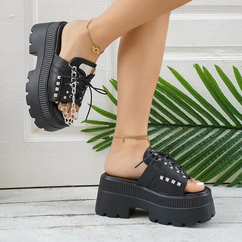 Gothniero women black platform sandals goth chunky wedge heel summer sandals girls gothic punk platform sandals for women metallic spider buckles slides size 5.5-11 in Kuwait