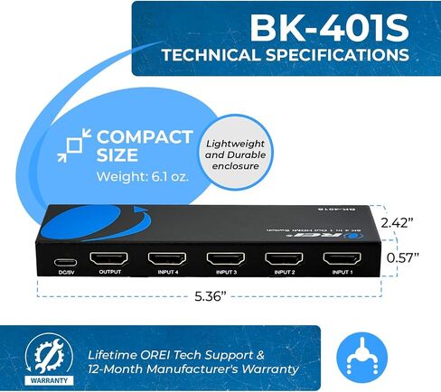 OREI 4K HDMI Switcher 4 x 1, Switch ARC Audio Extractor Supports Upto 4K 2K 30Hz 1080P IR Remote Control in Saudi Arabia