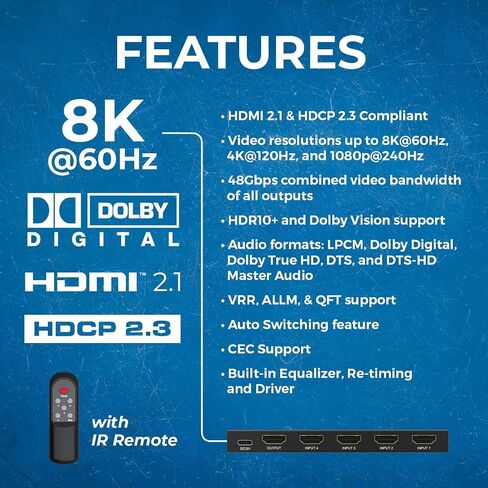 OREI 4K HDMI Switcher 4 x 1, Switch ARC Audio Extractor Supports Upto 4K 2K 30Hz 1080P IR Remote Control in Saudi Arabia