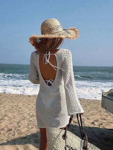swimsuit coverup for women Solid Color Hollow Out Long Sleeve Coverup Dress in Saudi Arabia