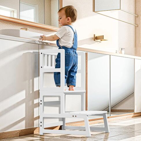 COSYLAND Toddler Kitchen Stool Helper – Kid's Step Stool with Side Guard Structure for Kitchen/Bathroom Sink/Living Room/Bedroom – 300 lbs Load Capacity Ladder for Toddlers – Natural in Kuwait