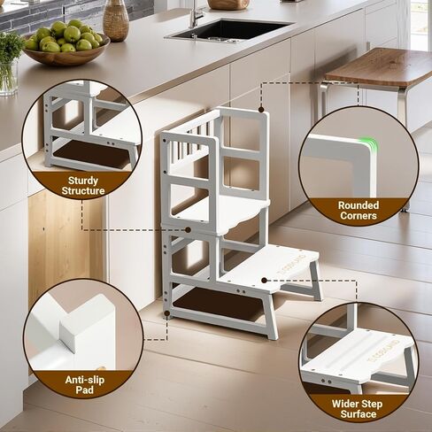 COSYLAND Toddler Kitchen Stool Helper – Kid's Step Stool with Side Guard Structure for Kitchen/Bathroom Sink/Living Room/Bedroom – 300 lbs Load Capacity Ladder for Toddlers – Natural in Kuwait