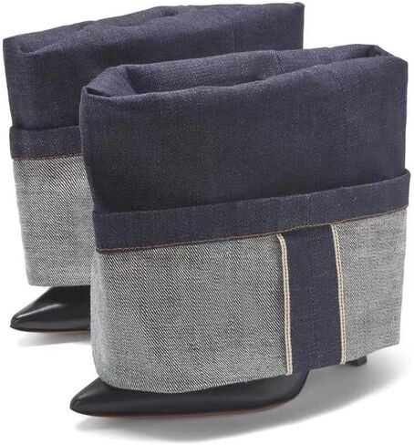 keleimusi Denim and Leather Ankle Boots Folded Stiletto Heeled Boot in Washed Denim in Kuwait