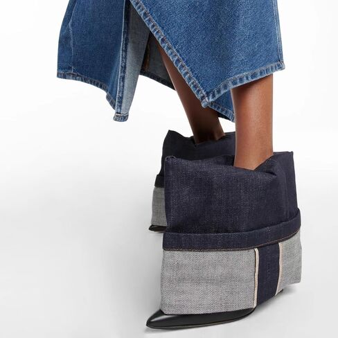keleimusi Denim and Leather Ankle Boots Folded Stiletto Heeled Boot in Washed Denim in Kuwait