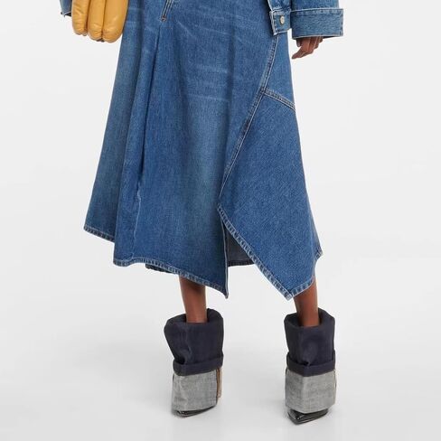 keleimusi Denim and Leather Ankle Boots Folded Stiletto Heeled Boot in Washed Denim in Kuwait