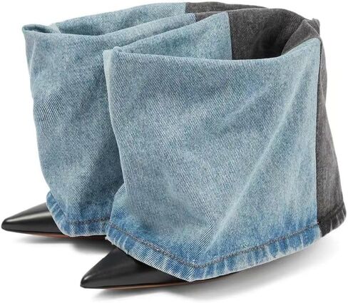 keleimusi Denim and Leather Ankle Boots Folded Stiletto Heeled Boot in Washed Denim in Kuwait