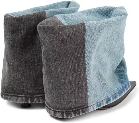 keleimusi Denim and Leather Ankle Boots Folded Stiletto Heeled Boot in Washed Denim in Kuwait