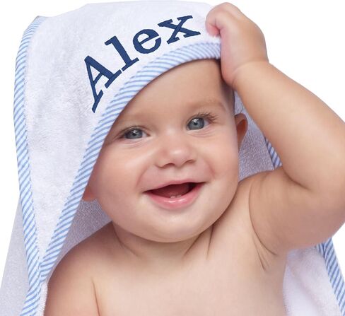 My Personal Memories Personalized Baby Hooded Bath Towel - Monogrammed for Girl and Boy - Embroidered (White with Blue) in Saudi Arabia