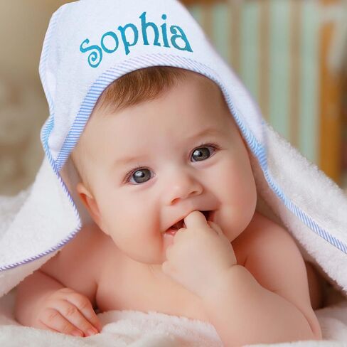 My Personal Memories Personalized Baby Hooded Bath Towel - Monogrammed for Girl and Boy - Embroidered (White with Blue) in Saudi Arabia