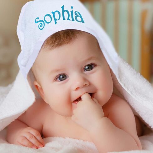 My Personal Memories Personalized Baby Hooded Bath Towel - Monogrammed for Girl and Boy - Embroidered (White with Blue) in Saudi Arabia