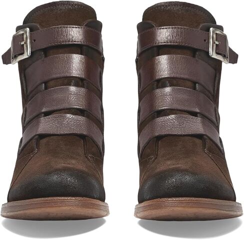 LEHOOR Combat Booties for Women Low Chunky Heel Round Toe Western Ankle Boots Burnished Side Zipper Suede Cowboy Cowgirl Boot Buckle Strap Two-Toned Short Riding Boots Fall Winter Vintage 4-11 M US in Kuwait