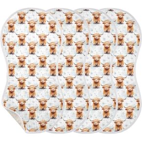 4Pcs Cute Highland Cow Pattern Burp Cloth,Unisex Large Absorbent Soft Cotton Muslin Burping Cloths for Newborn Boys Girls,11x22in,A113324