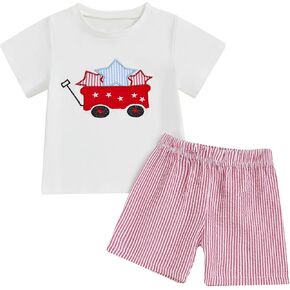 4th of July Baby Boy Outfit Flag Cart Embroidery Short Sleeve T-Shirt Plaid/Stripe Shorts Set Toddler Summer Clothes