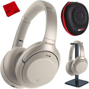 Sony WH1000XM4/S Premium Noise Cancelling Wireless Over-The-Ear Headphones Bundle with Deco Gear Wood Headphone Display Stand and Protective Travel Carry Case