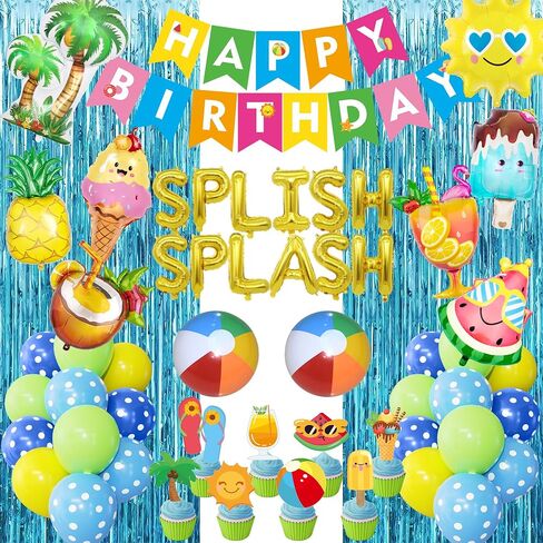 Ouddy Life Summer Pool Beach Party Decor، سبلاش سبلاش، زينة حفلات أعياد الميلاد، بالونات استوائية، لافتة كعكة علوية للأطفال، لوازم تزيين حفلات هاواي الاستوائية، مياه السباحة in Saudi Arabia