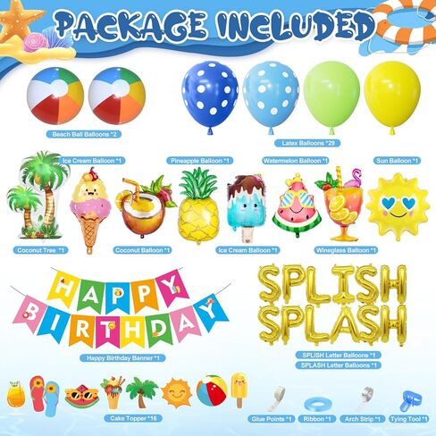 Ouddy Life Summer Pool Beach Party Decor، سبلاش سبلاش، زينة حفلات أعياد الميلاد، بالونات استوائية، لافتة كعكة علوية للأطفال، لوازم تزيين حفلات هاواي الاستوائية، مياه السباحة in Saudi Arabia
