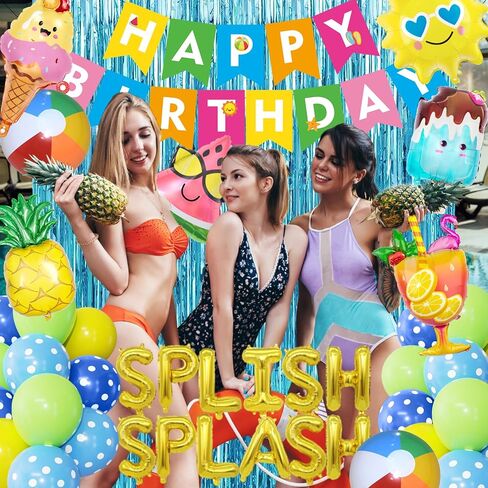 Ouddy Life Summer Pool Beach Party Decor، سبلاش سبلاش، زينة حفلات أعياد الميلاد، بالونات استوائية، لافتة كعكة علوية للأطفال، لوازم تزيين حفلات هاواي الاستوائية، مياه السباحة in Saudi Arabia
