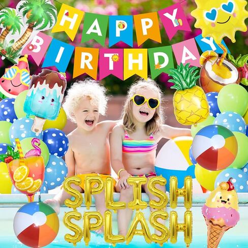 Ouddy Life Summer Pool Beach Party Decor، سبلاش سبلاش، زينة حفلات أعياد الميلاد، بالونات استوائية، لافتة كعكة علوية للأطفال، لوازم تزيين حفلات هاواي الاستوائية، مياه السباحة in Saudi Arabia