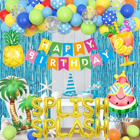 Ouddy Life Summer Pool Beach Party Decor، سبلاش سبلاش، زينة حفلات أعياد الميلاد، بالونات استوائية، لافتة كعكة علوية للأطفال، لوازم تزيين حفلات هاواي الاستوائية، مياه السباحة in Saudi Arabia