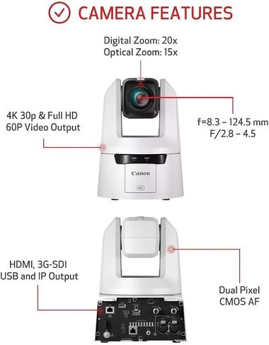 كاميرا Canon CR-N500 Pro PTZ مع عدسة تكبير بصري 15x، مستشعر AF ثنائي البكسل 1 بوصة 4K 30p، 3G-SDI، HDMI، مخرج فيديو IP، NDI HX2، SRT- الكنيسة، الأحداث الحية، مؤتمرات البث، الفصول الدراسية، الرياضات الإلكترونية، مدونات الفيديو in Kuwait