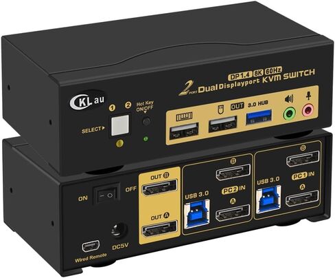 CKLau 2 Port USB 3.0 Dual Monitor KVM Switch Displayport 1.4 8K@30Hz 4K@144Hz, Display Port KVM Switch 2 Monitors with Audio and Cables in Kuwait