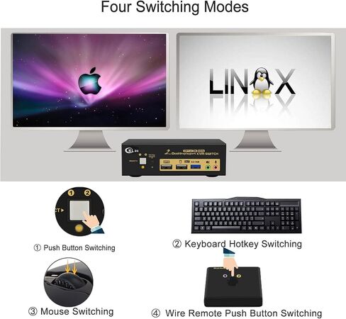 CKLau 2 Port USB 3.0 Dual Monitor KVM Switch Displayport 1.4 8K@30Hz 4K@144Hz, Display Port KVM Switch 2 Monitors with Audio and Cables in Kuwait