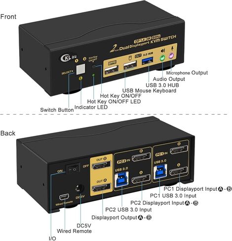 CKLau 2 Port USB 3.0 Dual Monitor KVM Switch Displayport 1.4 8K@30Hz 4K@144Hz, Display Port KVM Switch 2 Monitors with Audio and Cables in Kuwait