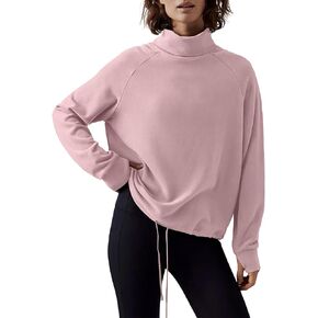 Tankaneo Womens Long Sleeve Tops Turtleneck Drawstring Hem Loose Fit Sweatshirt with Thumb Hole