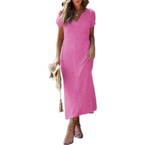 Pink Queen Women's Casual V Neck Short Sleeve Loose Side Slit Ribbed Knit Midi Dress