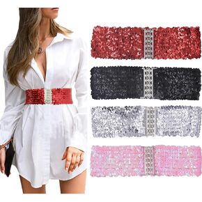 4 Pack Women Girls Sparkly Glitter Sequin Stretchy Elastic Waist Belt Wide Dress Belt Corset Cinch Belt