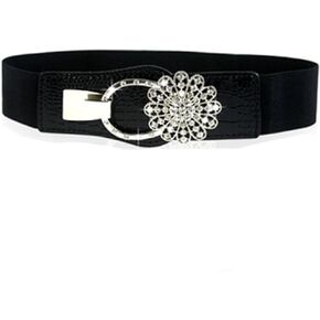 Women’s Glitter Elastic Waist Belts Vintage Metal Rhinestone Retro Clasp Cinch Buckle Dress Belt Waistband
