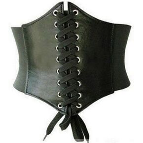 SUEIANNMN Waist Cincher Corset Wide Band Elastic Tied Waspie Belt Leather Soft Adjustable Black