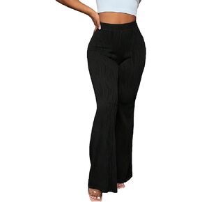 سراويل نسائية مرنة عالية الخصر ذات جرس سفلي منسوجة سراويل عمل واسعة in Kuwait