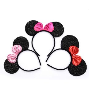 Mendom 3 Pieces Mouse Sparkled Ear Shaped Headband with Sequin Dot Bow,Christmas Party Costume Accessory for Kids and Adults
